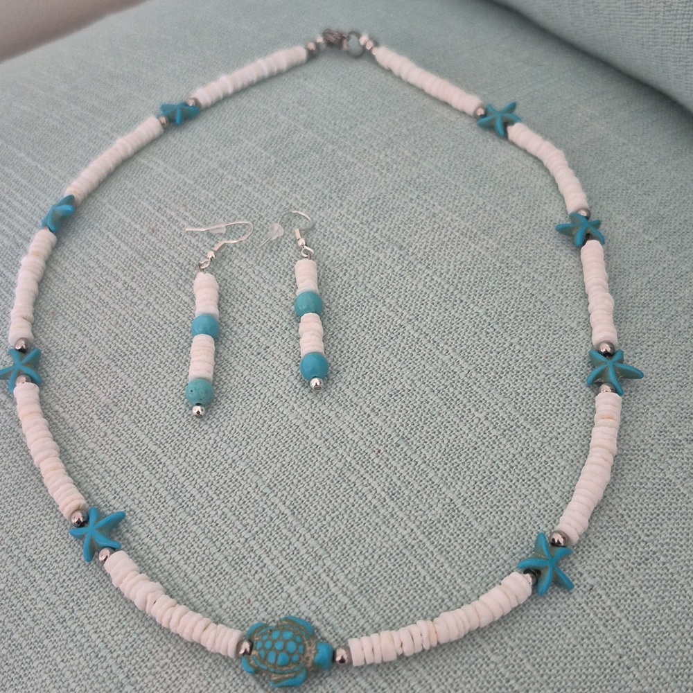 Natural Shell Rings Necklace & Earrings With Turquoise Stars &Turtle - Picture 5 of 5